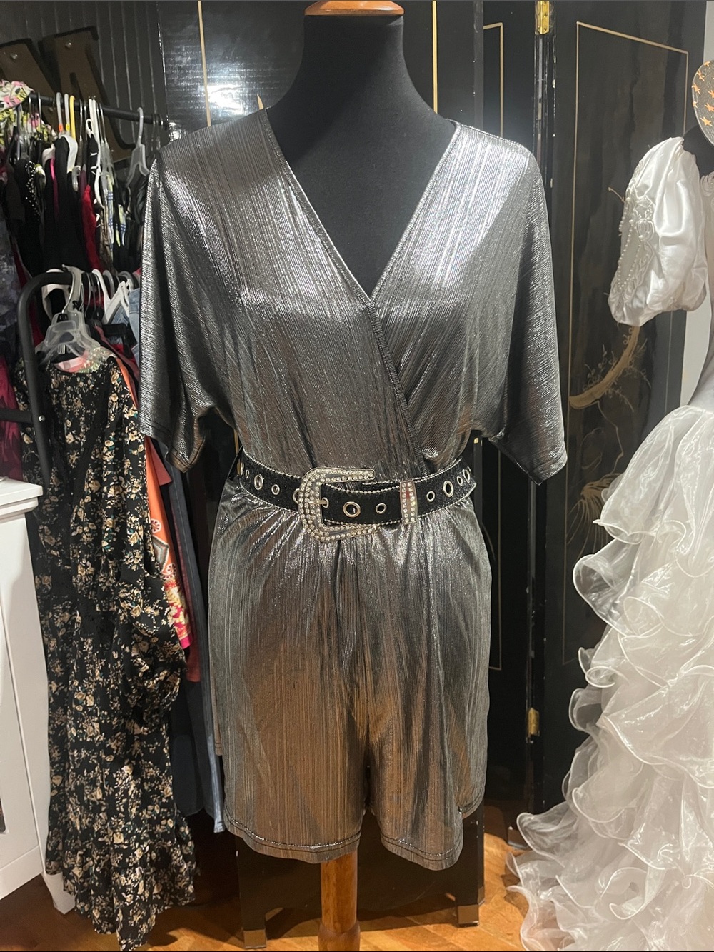 Metallic Silver Surplice Romper belt not included